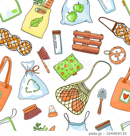 Seamless pattern with daily products at white background, eco friendly, no plastic concept Seamless pattern with daily products at white background, eco friendly, no plastic concept 104869130