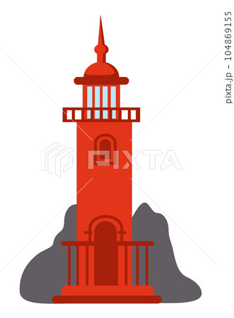 Red lighthouse icon isolated at white, navigation building for ships, cartoon vector lighthouse 104869155