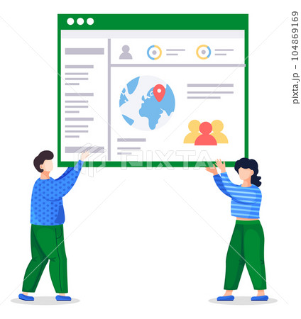 Two programmers create landing page for social website, isolated people holding website page 104869169