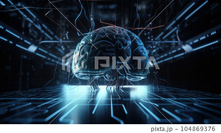 Futuristic android brain on circuit board background representing the future of artificial intelligence. AI is Generative tech. Futuristic android brain on circuit board background representing the future of artificial intelligence. AI is Generative tech. 104869376