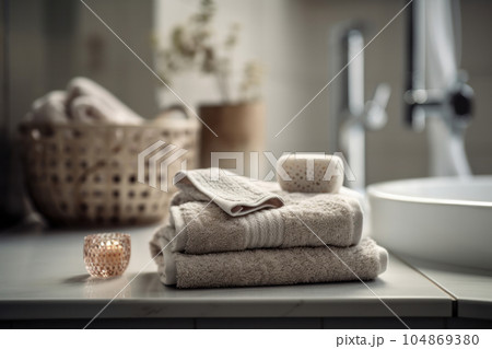 Minimalist bathroom decor featuring candles and towels on a wooden table, perfect for a relaxing spa day at home. AI Generative. 104869380