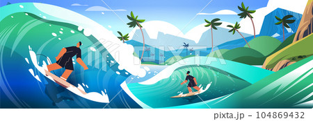 man woman in swimwear riding surf boards by sea or ocean waves surfing sport summer activity concept 104869432