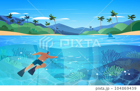 tourist man swimming in sea or ocean and watching marine fauna with fish and coral reef underwater recreational 104869439