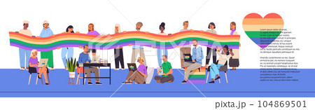 mix race people with lgbt rainbow flags gay lesbian love parade pride festival transgender love concept horizontal 104869501