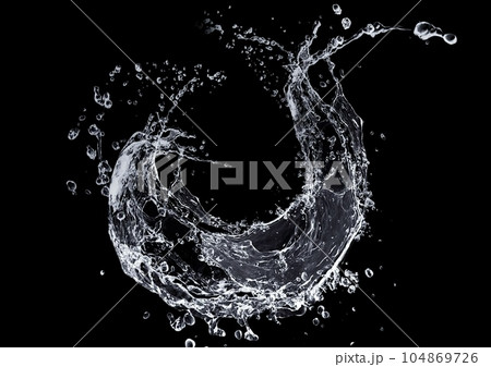 黒背景に飛び散る抽象的な水しぶきの3dイラスト 104869726