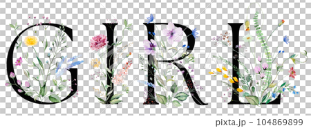 Word GIRL made with black letters, watercolor wildflowers and leaves, isolated element Word GIRL made with black letters, watercolor wildflowers and leaves, isolated element 104869899