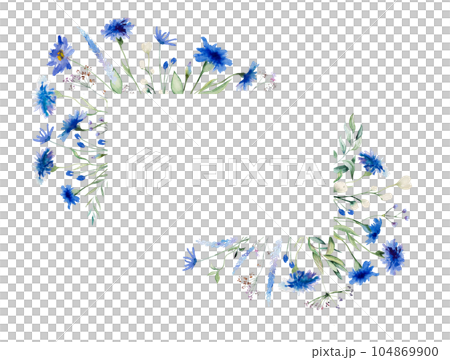 Watercolor blue cornflowers and wildflowers frame, summer wedding isolated illustration Watercolor blue cornflowers and wildflowers frame, summer wedding isolated illustration 104869900