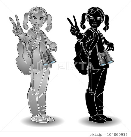 Girl with binoculars and a backpack. 104869955