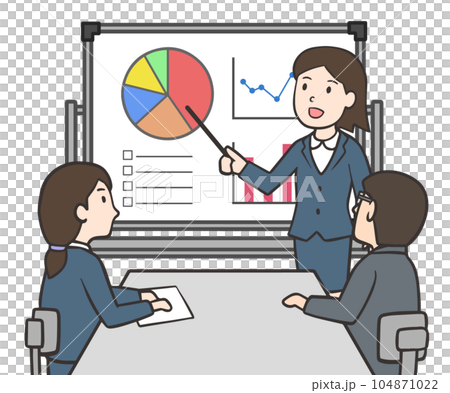 Office workers having a meeting using a whiteboard, men and women wearing suits Office workers having a meeting using a whiteboard, men and women wearing suits 104871022