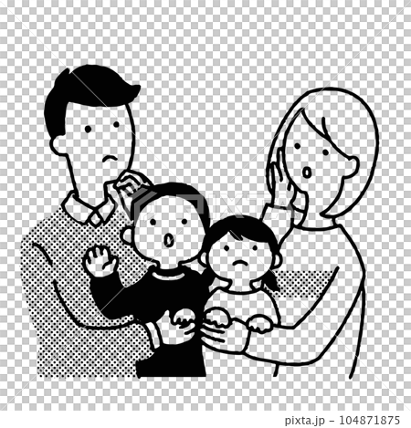 疑問が浮かぶ家族のモノクロイラスト 104871875