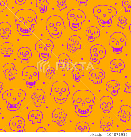 Doodle Halloween sculls seamless pattern. Violet Skeleton background Doodle Halloween sculls seamless pattern. Violet Skeleton background 104871952