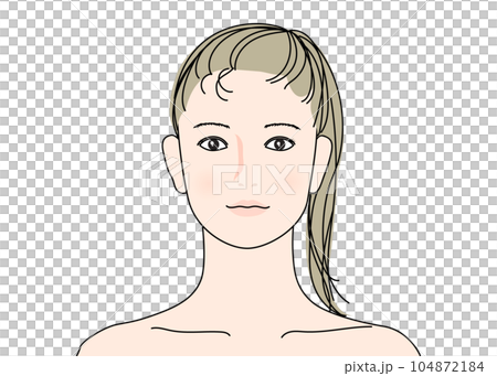 目を開けたポニーテールの女性の顔正面アップのイラスト 上半身バストアップ 顔アップ 目を開けたポニーテールの女性の顔正面アップのイラスト 上半身バストアップ 顔アップ 104872184
