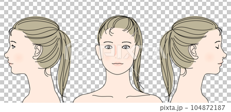 目を閉じた左向きの女性と右向きの女性の横顔と正面顔アップのイラストセット 上半身バストアップ 目を閉じた左向きの女性と右向きの女性の横顔と正面顔アップのイラストセット 上半身バストアップ 104872187