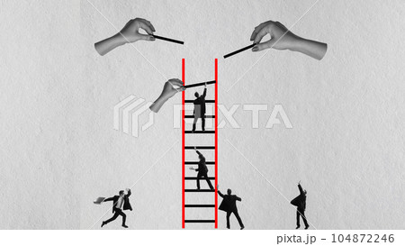 Contemporary art collage. Professional challenges. Ambitious employe. man climbing upwards stairs, reaching success Contemporary art collage. Professional challenges. Ambitious employe. man climbing upwards stairs, reaching success 104872246