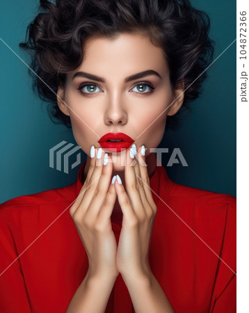 Beautiful woman with red manicure and bright red lips Illustration AI Generative 104872366