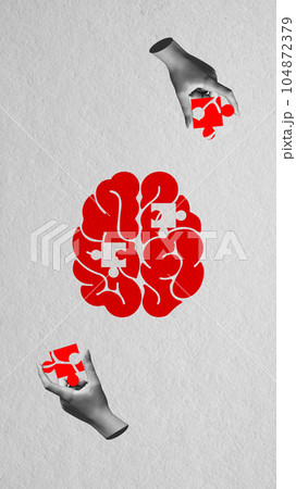 Contemporary art collage. Human hands putting puzzles inside brain symbolizing news skills, knowledges, information Contemporary art collage. Human hands putting puzzles inside brain symbolizing news skills, knowledges, information 104872379