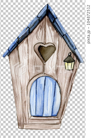 An old wooden house . An old rusty enamel element. Hand drawn watercolor illustration. Perfect for wedding invitation, greetings card, posters. 104872512