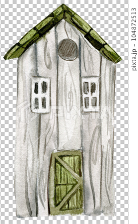 An old wooden house . An old rusty enamel element. Hand drawn watercolor illustration. Perfect for wedding invitation, greetings card, posters. An old wooden house . An old rusty enamel element. Hand drawn watercolor illustration. Perfect for wedding invitation, greetings card, posters. 104872513