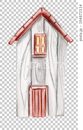 An old wooden house . An old rusty enamel element. Hand drawn watercolor illustration. Perfect for wedding invitation, greetings card, posters. 104872514
