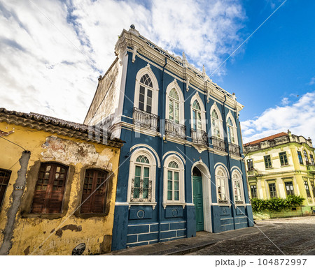 Colorful colonial houses at the historic district of Pelourinho in Salvador da Bahia, Brazil. 104872997
