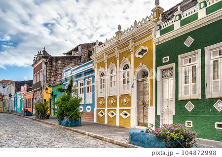 Colorful colonial houses at the historic district of Pelourinho in Salvador da Bahia, Brazil. 104872998