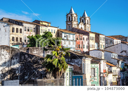Colorful colonial houses at the historic district of Pelourinho in Salvador da Bahia, Brazil. 104873000