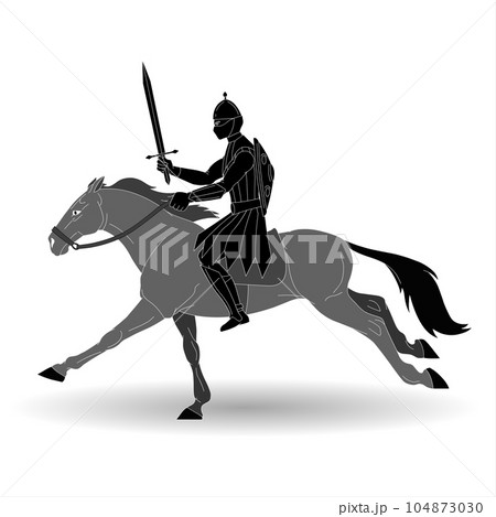 Riding Knight with sword on horse back 104873030