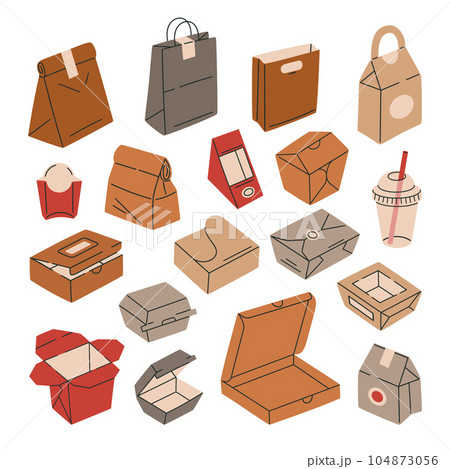 Cardboard food delivery containers. Paper takeaway food packaging, carton bags and boxes. Fast food wrappers flat vector illustration set 104873056