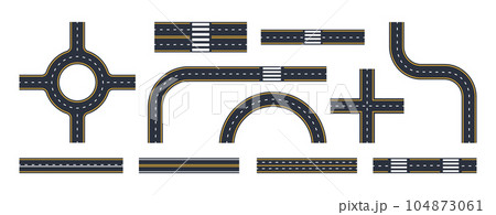 City markings roads. Urban street roads and crossroads, asphalt road twists and traffic circles flat vector illustration set City markings roads. Urban street roads and crossroads, asphalt road twists and traffic circles flat vector illustration set 104873061
