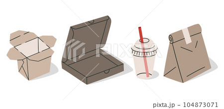 Fast food packaging. Paper takeaway food containers, delivery cardboard bags, pizza, noodles and drinks package flat vector illustration set 104873071