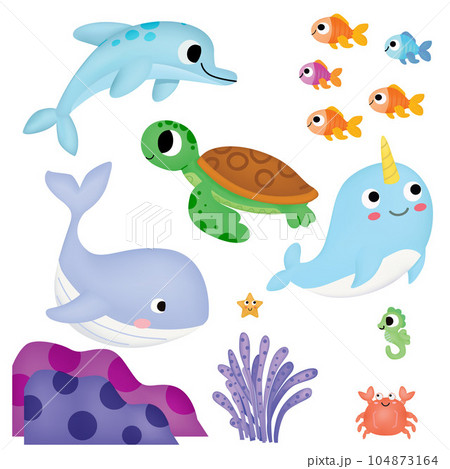 cartoon set underwater cute character. turtle, dolphin, fish, seal, orca wildlife cute creature cartoon set underwater cute character. turtle, dolphin, fish, seal, orca wildlife cute creature 104873164