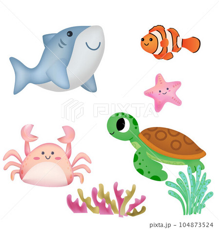 cute aqua set, dolphin, turtle, clown fish, crab and star fish cute aqua set, dolphin, turtle, clown fish, crab and star fish 104873524