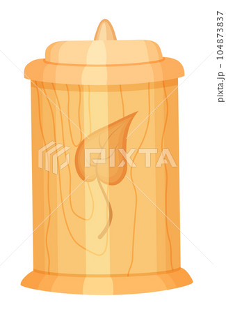 Isolated at white background wooden container or jar for bulk products with parched leaf pattern Isolated at white background wooden container or jar for bulk products with parched leaf pattern 104873837