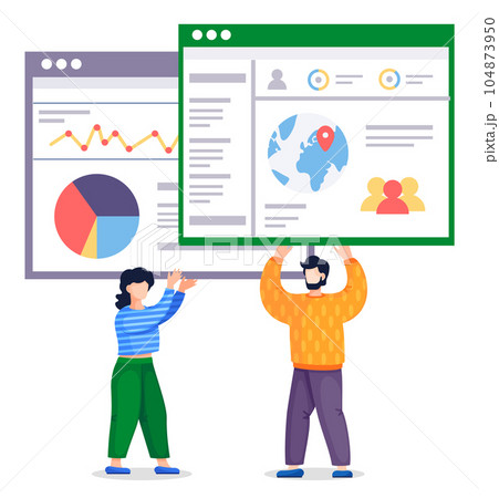 Isolated man and woman, programmer or coder, holdding web pages in hands, tech support concept 104873950