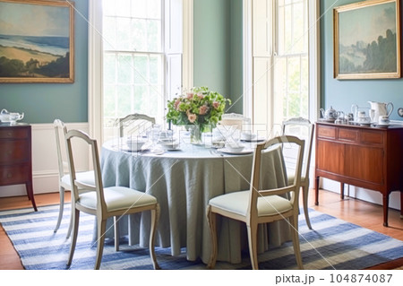 Dining room decor, interior design and house improvement, elegant table with chairs, furniture and classic blue home decor, country cottage style Dining room decor, interior design and house improvement, elegant table with chairs, furniture and classic blue home decor, country cottage style 104874087