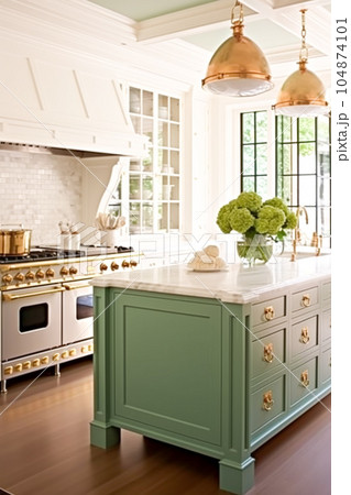 Kitchen decor, interior design and house improvement, bespoke sage green English in frame kitchen cabinets, countertop and appliance in a country house, elegant cottage style 104874101