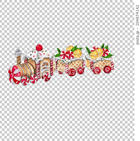 Set of elements for Christmas. Gifts, cupcake, cake, cookies, fir branches. Watercolor hand drawn illustration. Winter holiday. 104874142