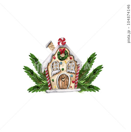 Set of elements for Christmas. Gifts, cupcake, cake, cookies, fir branches. Watercolor hand drawn illustration. Winter holiday. 104874146