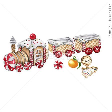 Set of elements for Christmas. Gifts, cupcake, cake, cookies, fir branches. Watercolor hand drawn illustration. Winter holiday. 104874147