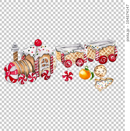 Set of elements for Christmas. Gifts, cupcake, cake, cookies, fir branches. Watercolor hand drawn illustration. Winter holiday. 104874147