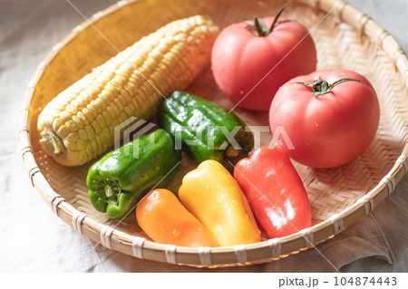 夏野菜イメージ トマト パプリカ ピーマン 笊 野菜 フレッシュ 収穫 農作物 サラダ 美容 健康 夏野菜イメージ トマト パプリカ ピーマン 笊 野菜 フレッシュ 収穫 農作物 サラダ 美容 健康 104874443