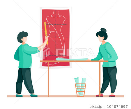 Sewing workshop. Fashion designers are making a model. Fashion house, textile factory 104874697