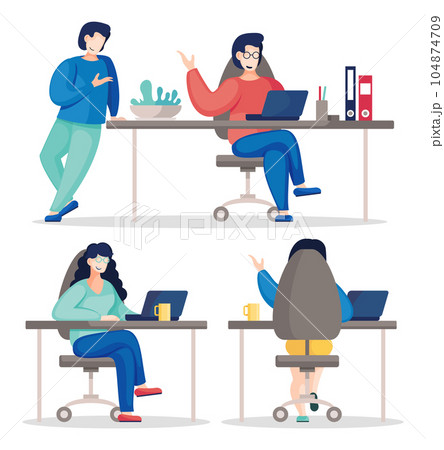 Flat vector illustration of busy people in the office, colleagues communicating during the work Flat vector illustration of busy people in the office, colleagues communicating during the work 104874709