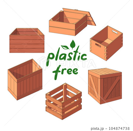 Set of wooden box with lettering quote Plastic free. Go green, eco style no plastic, save the planet Set of wooden box with lettering quote Plastic free. Go green, eco style no plastic, save the planet 104874738