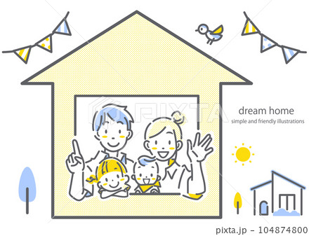 マイホームの窓から笑顔で手を振る四人家族　シンプルでお洒落な線画イラスト 104874800