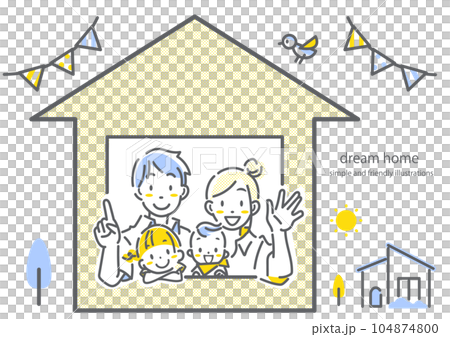 マイホームの窓から笑顔で手を振る四人家族　シンプルでお洒落な線画イラスト 104874800