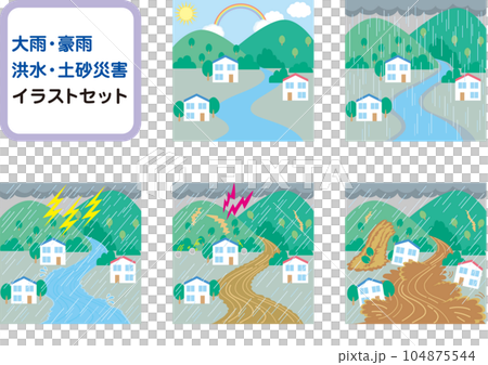 大雨大雨洪水山體滑坡災害插畫集 104875544