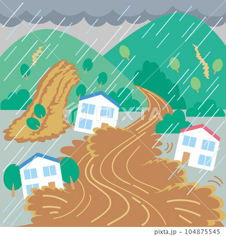 大雨豪雨洪水土砂災害イラスト_豪雨災害_崖崩れ_河川の氾濫_洪水 大雨豪雨洪水土砂災害イラスト_豪雨災害_崖崩れ_河川の氾濫_洪水 104875545