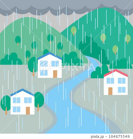大雨豪雨洪水土砂災害イラスト_雨が降っている山と川のある住宅地のイラスト 104875549