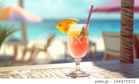 A relaxing beach scene 3d illustration - Generative AI. A relaxing beach scene 3d illustration - Generative AI. 104875872